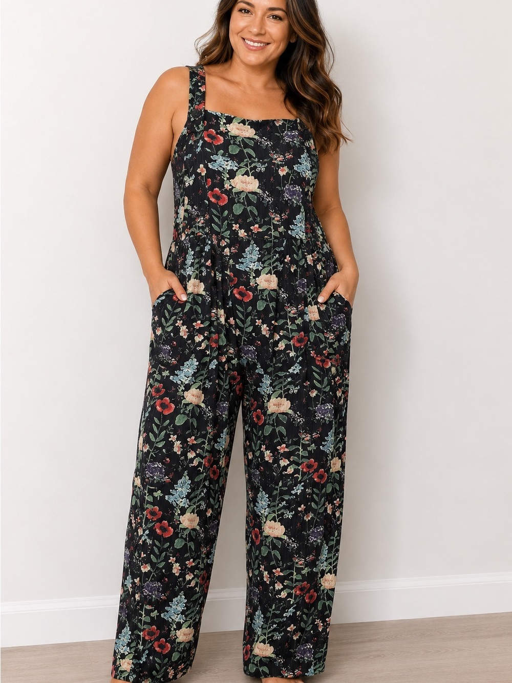 Floral Square-Neck Black Wide-Leg Jumpsuit